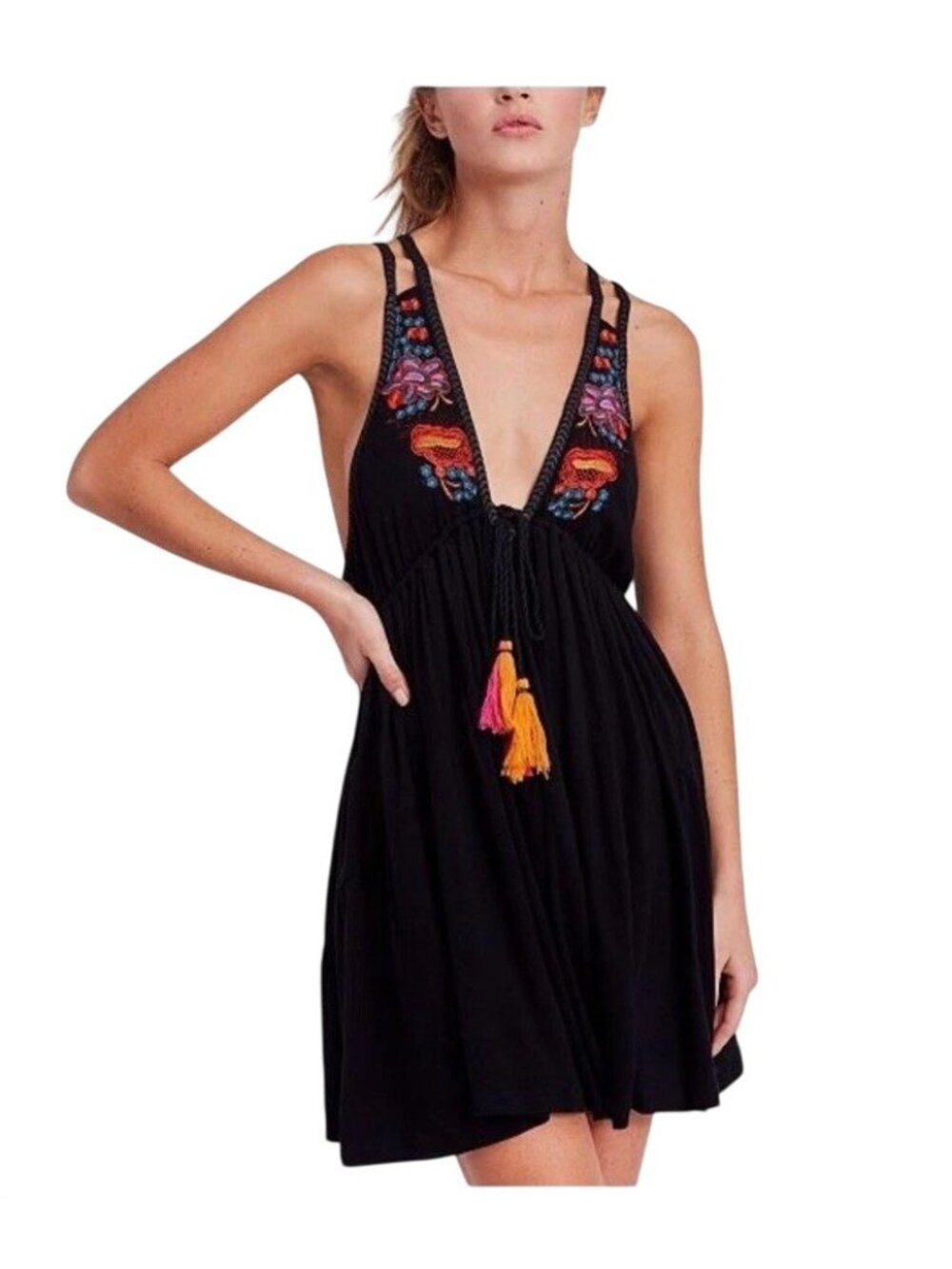 Free People Mini Dress Womens Medium Adult Black Cove V Neck Embroidered Floral